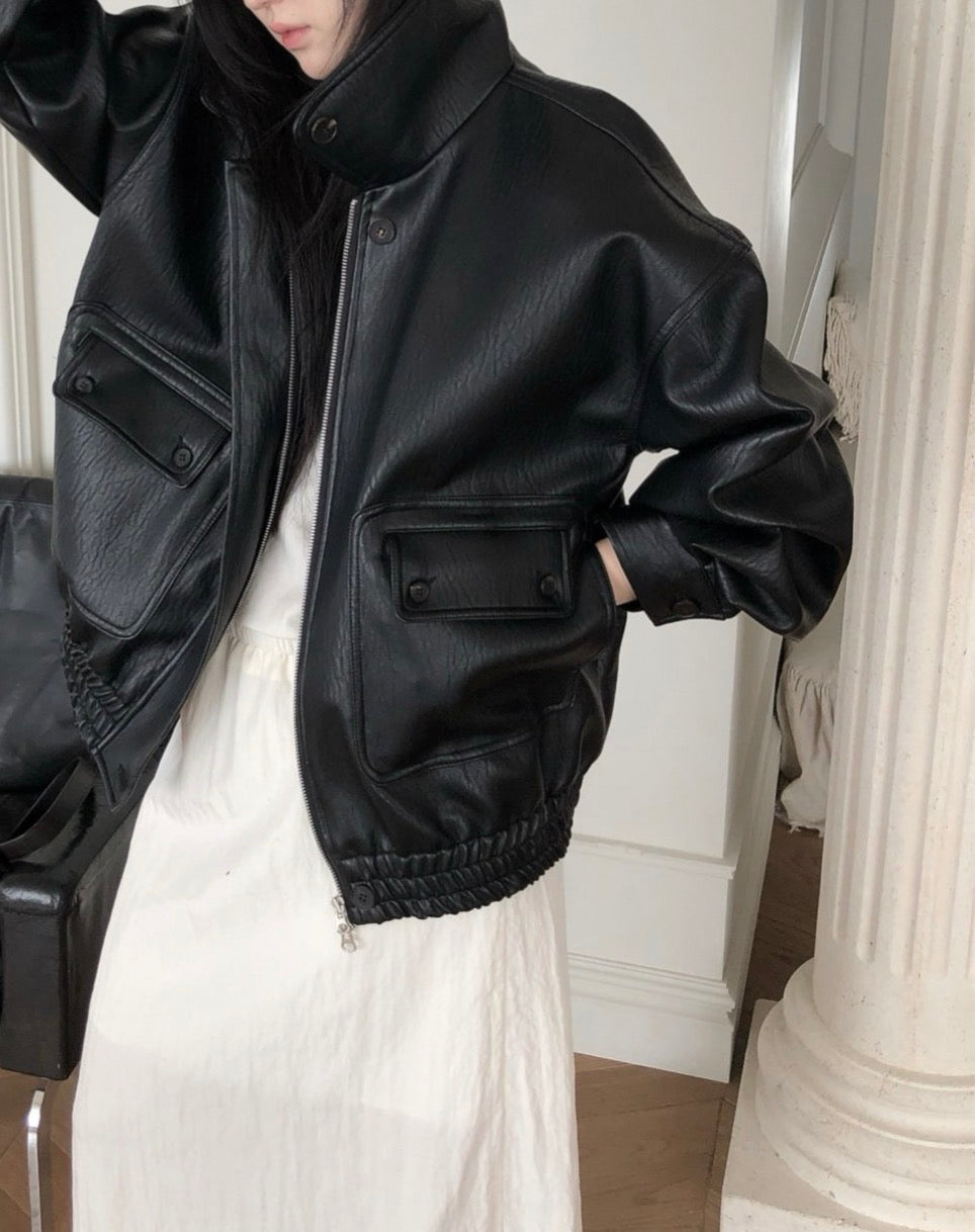 Button Leather Bomber