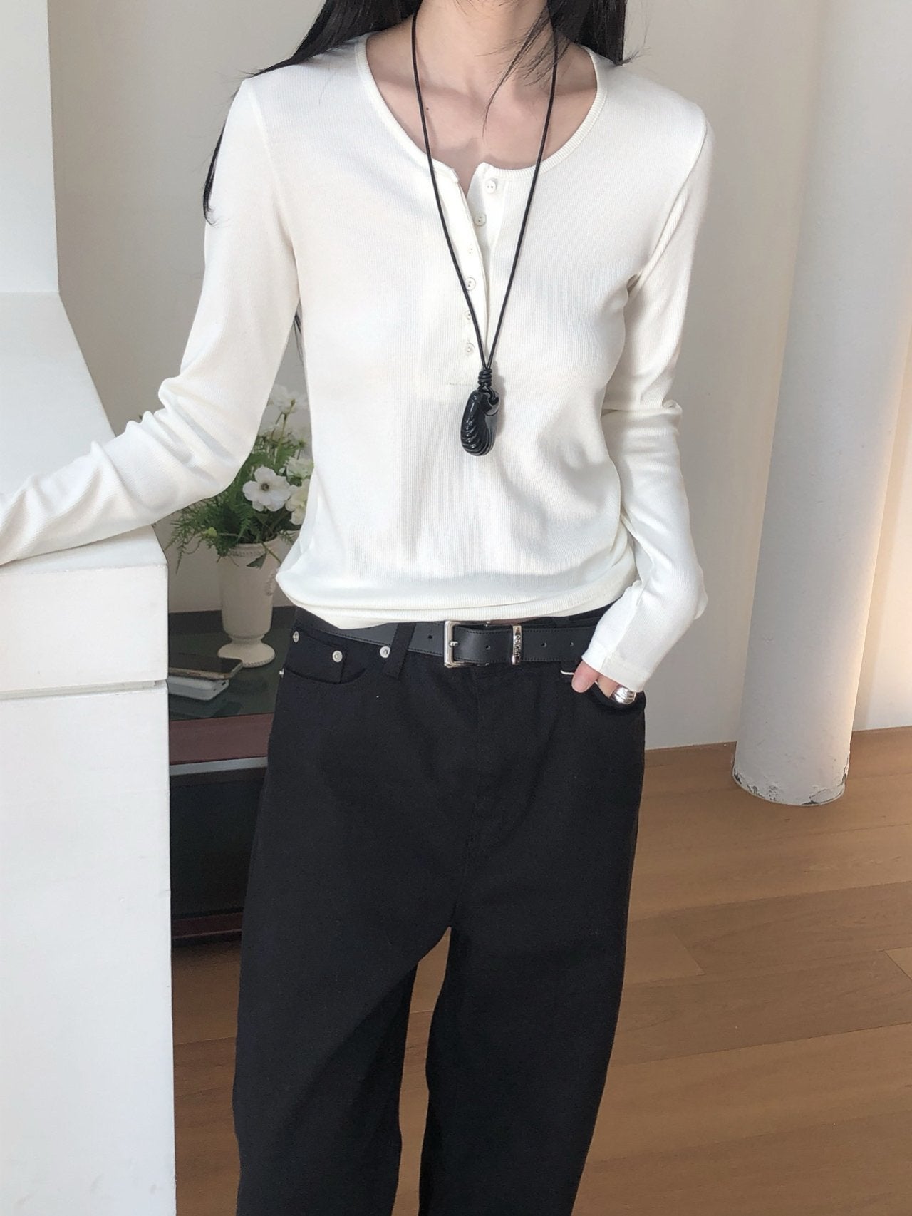 Button Ribbed T Shirt