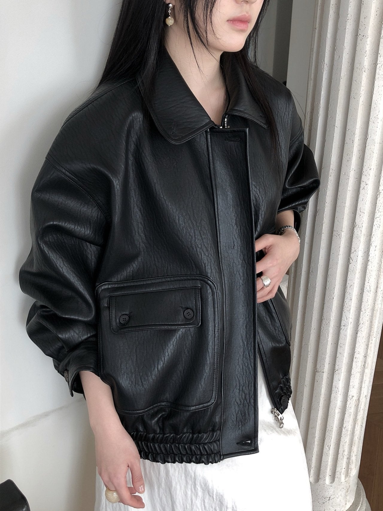 Button Leather Bomber