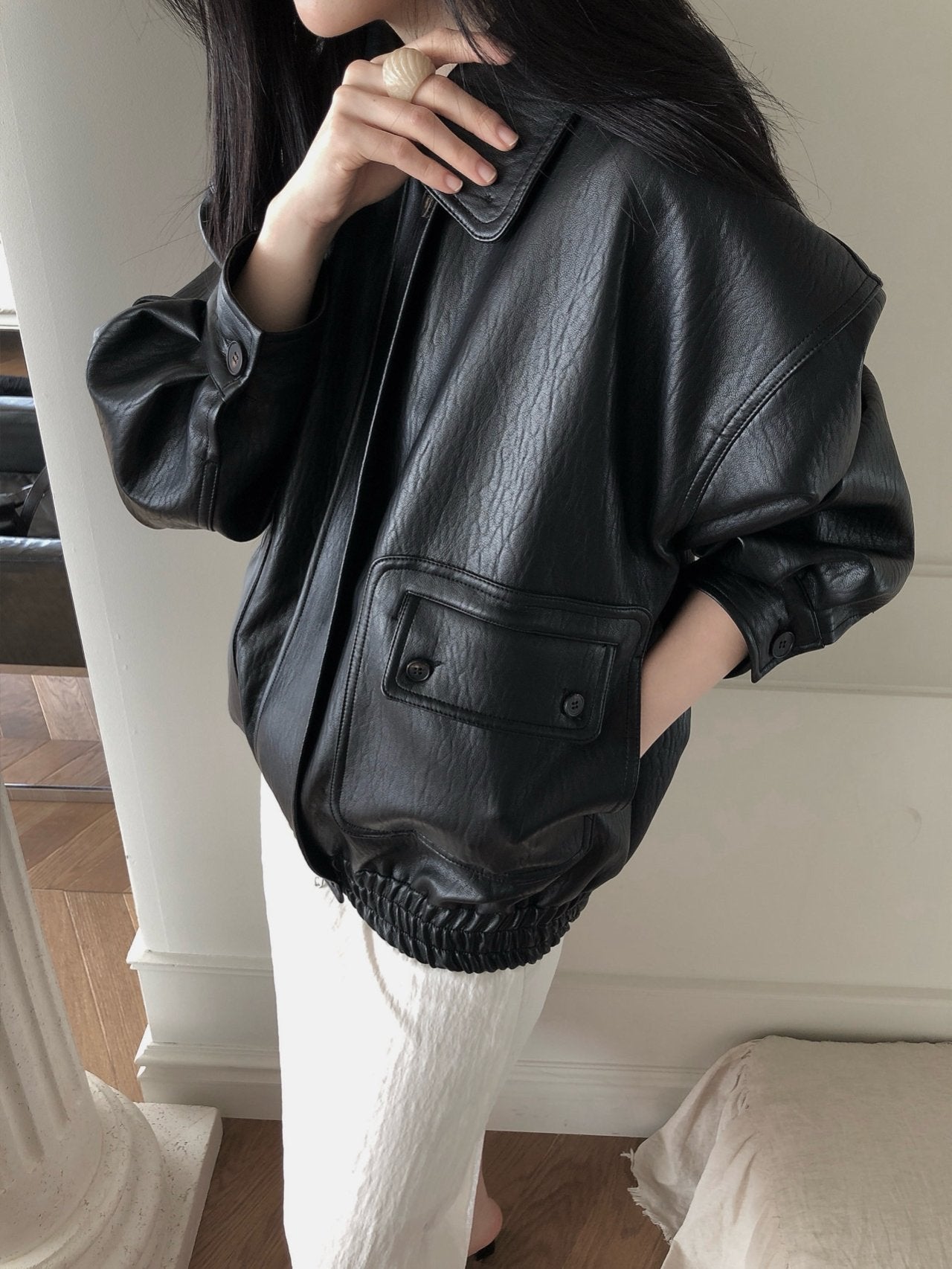 Button Leather Bomber