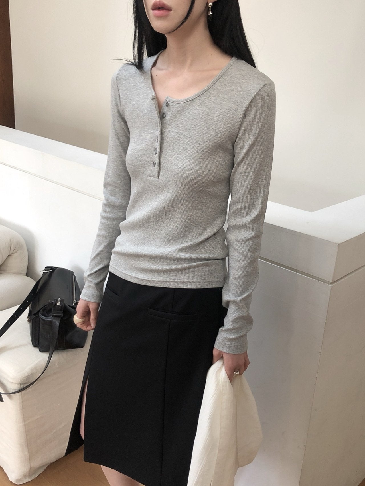 Button Ribbed T Shirt