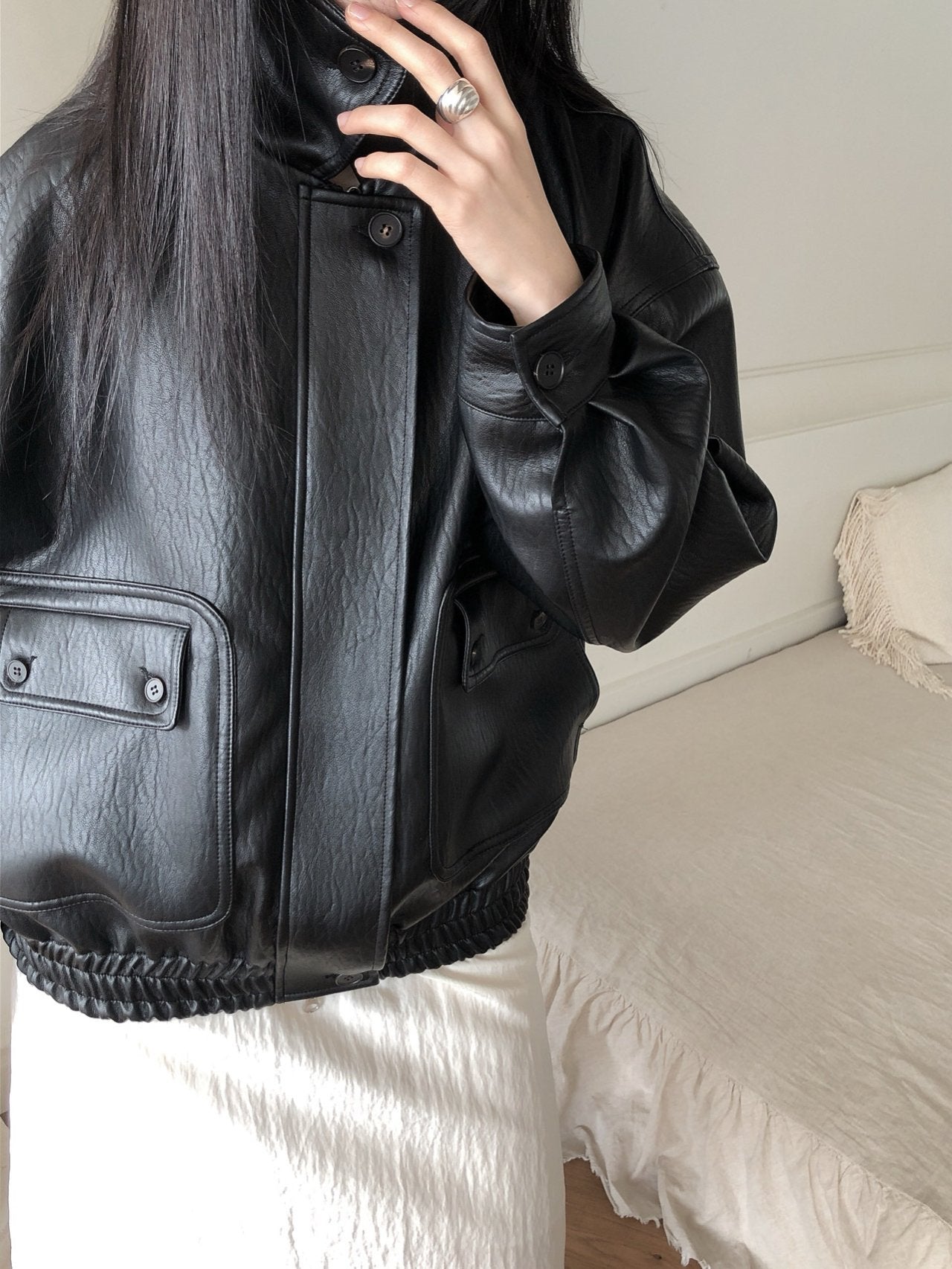 Button Leather Bomber