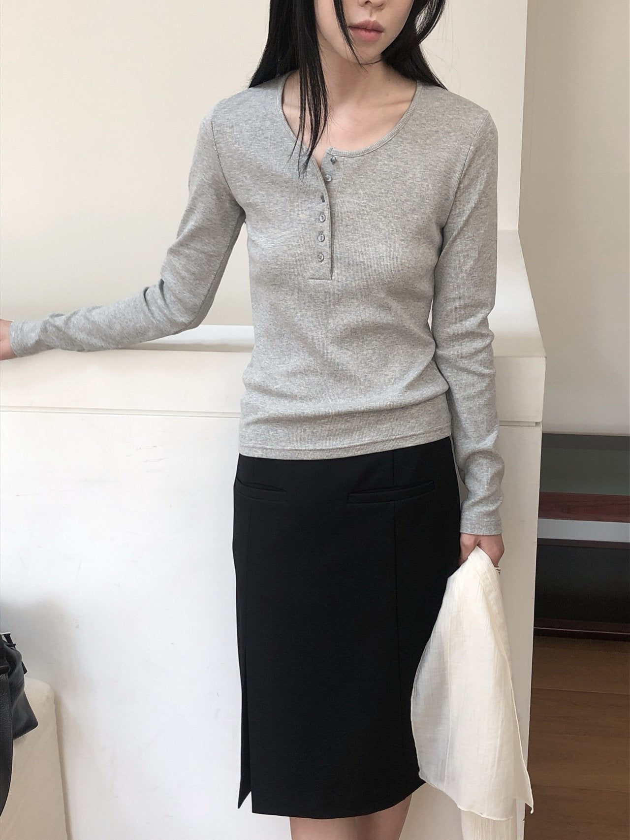 Button Ribbed T Shirt