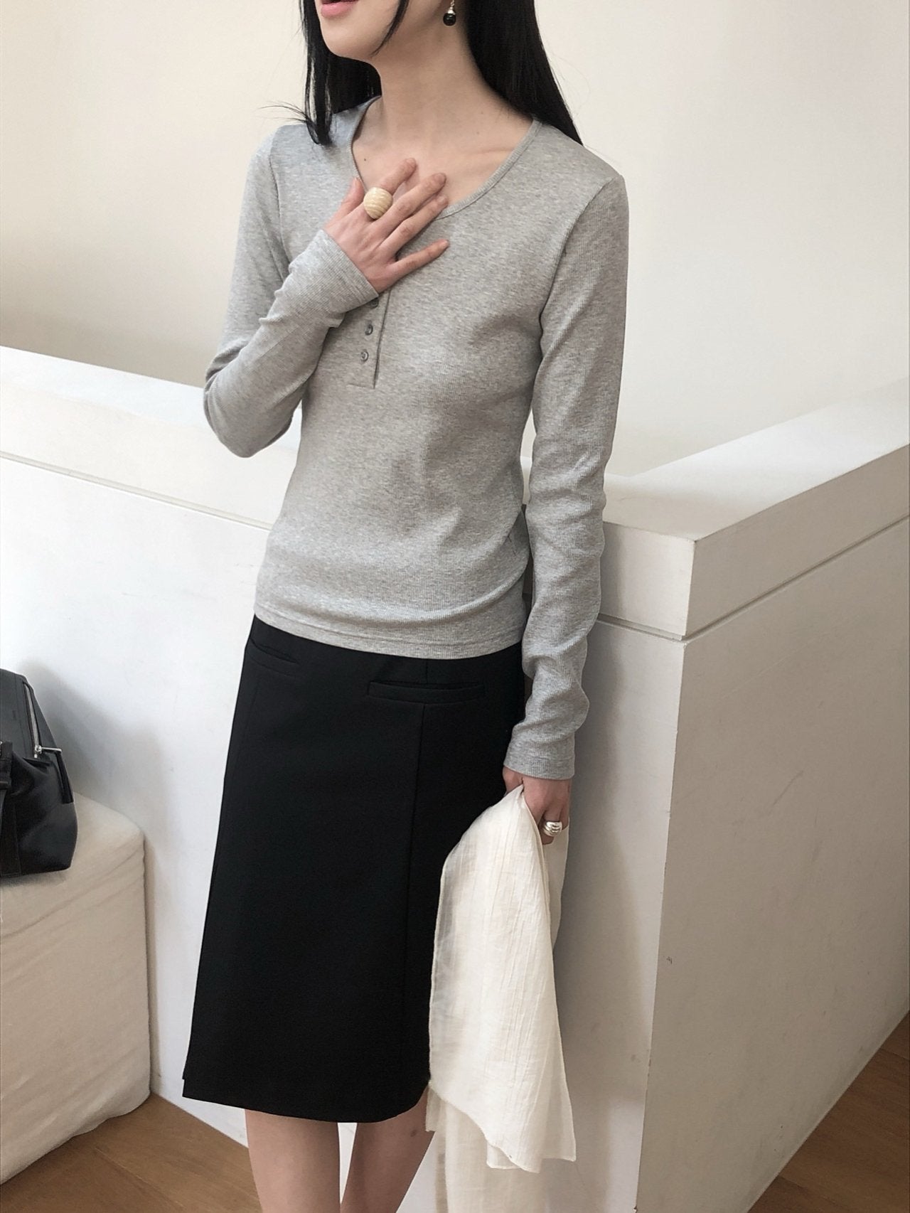 Button Ribbed T Shirt