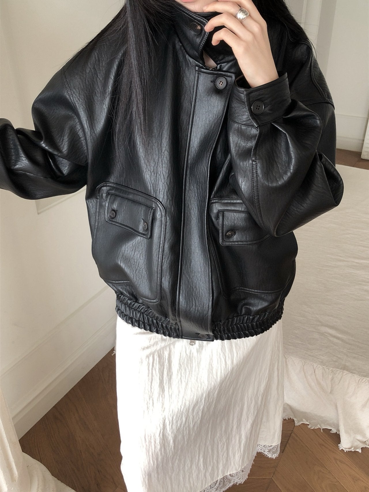Button Leather Bomber